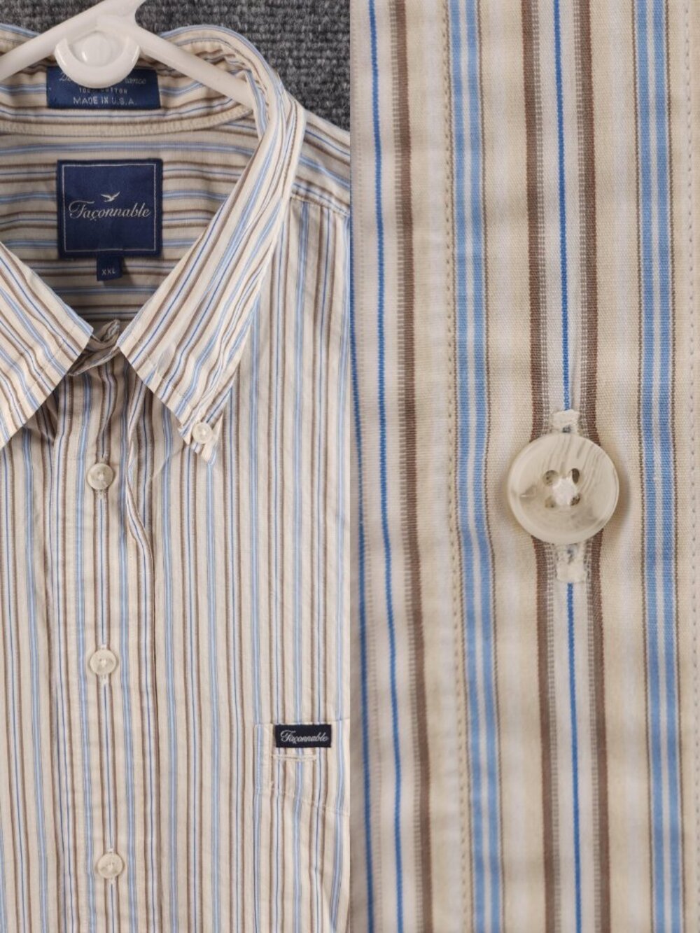 Faconnable Beige Blue USA Striped Cotton 2XL Button-Down Pocket Long Sleeve Mens